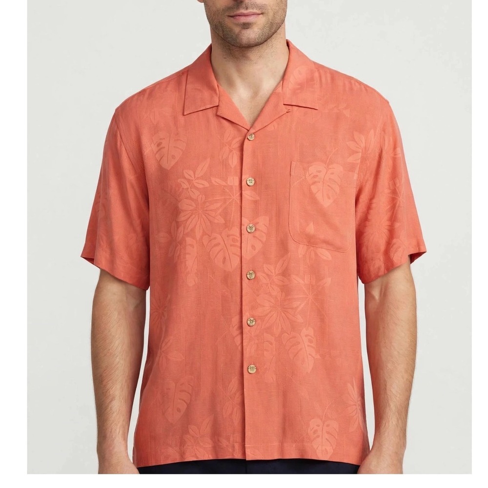 Paradise Blue Mens XL Silk Camp Shirt Coral Pink Tropical Jacquard Short Sleeve